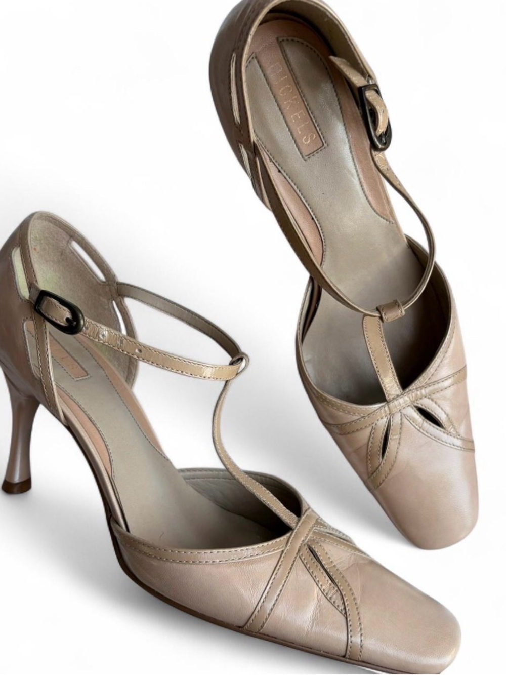 Taupe Leather T-Strap Heels with Cutouts